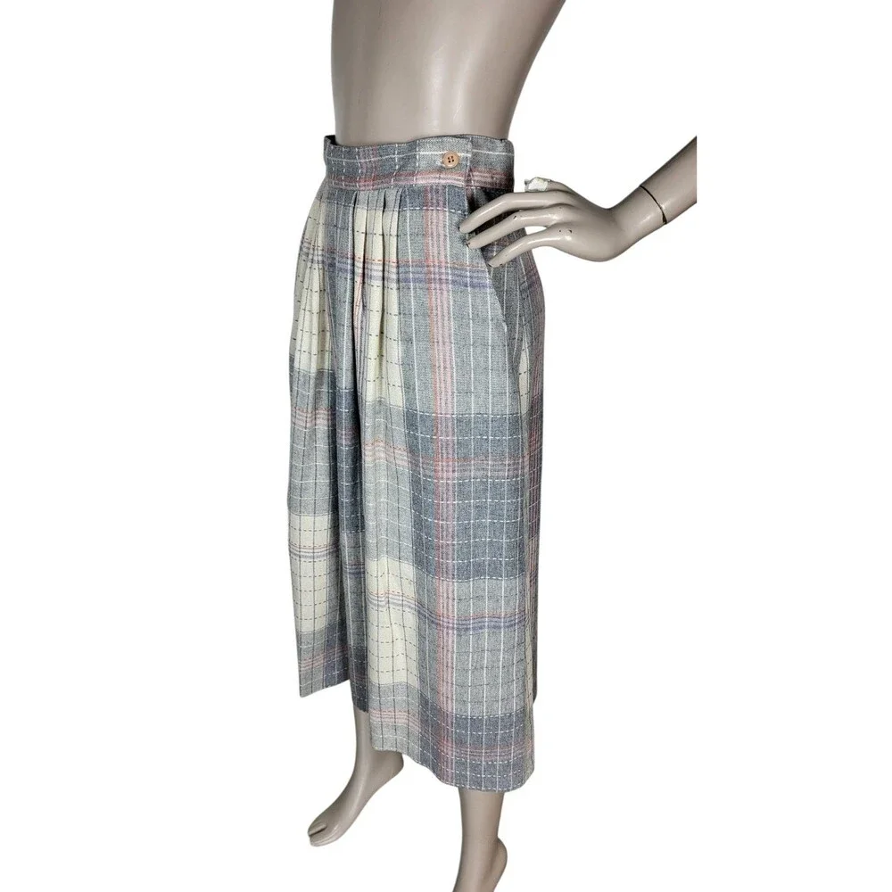 VTG 70s Wool Blend Grey Pink Plaid Tweed Midi Secretary Academia Librarian Skirt